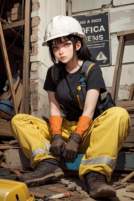 396898-1585485826-masterpiece, best quality, 1girl, repairing, tools, construction worker, warning sign, sitting, helmet, yellow eyes, black hair,.png
